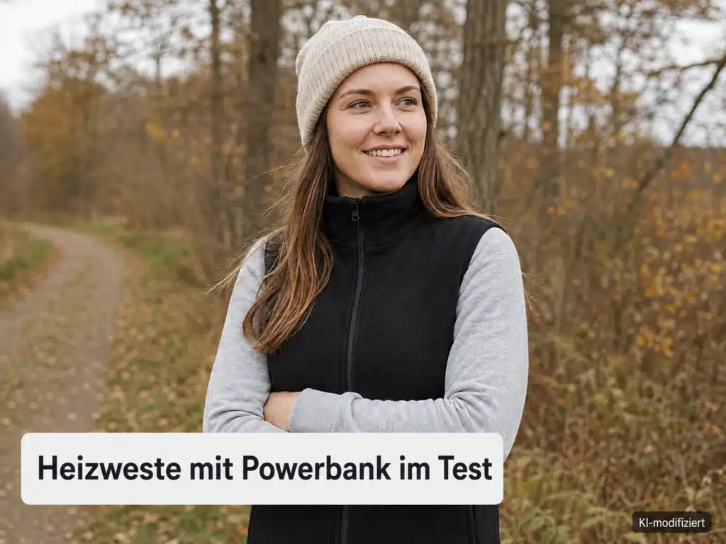 - Heizweste mit Powerbank Test – Frau mit schwarzer Heizweste bei einem herbstlichen Spaziergang