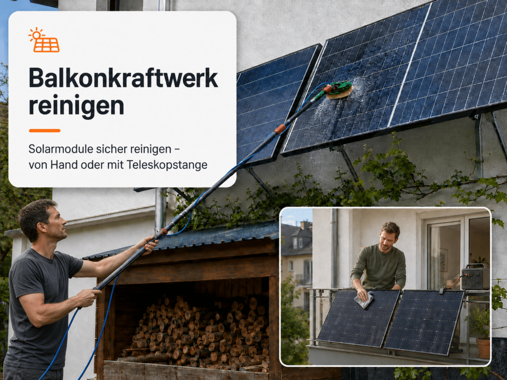 Balkonkraftwerk reinigen mit Teleskopstange und von Hand am Balkon