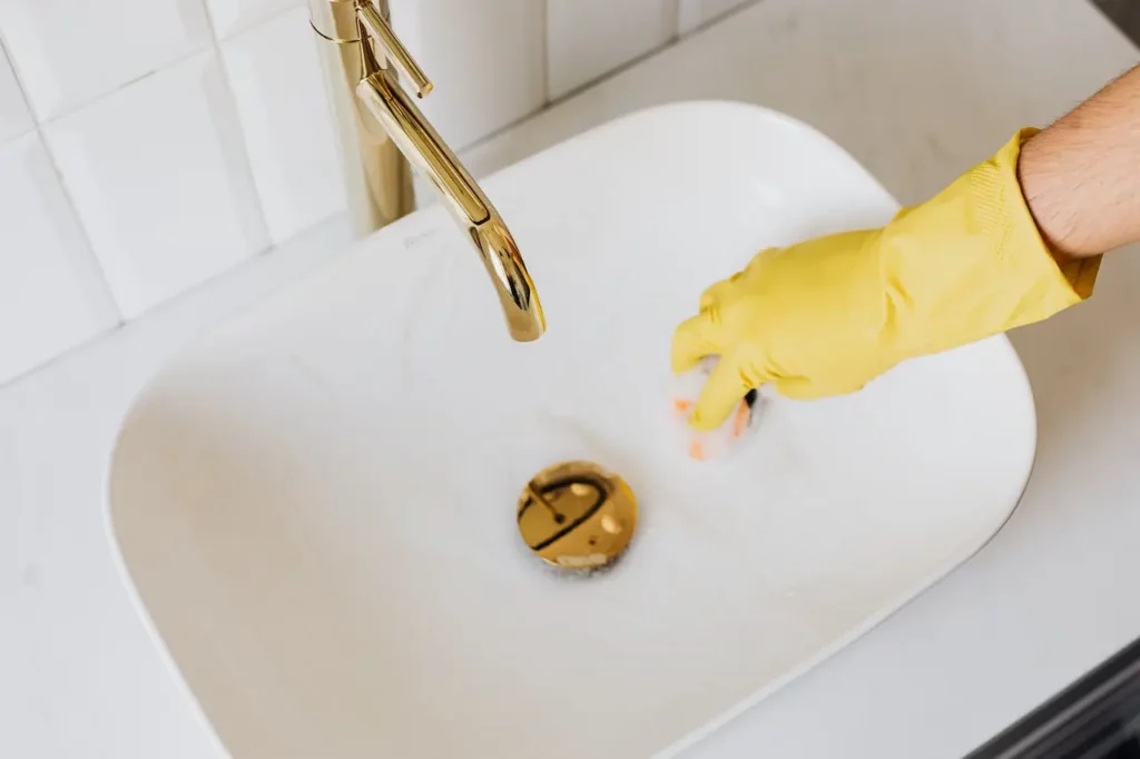 weißes Waschbecken, das von einer Hand in gelbem Gummihandschuh geputzt wird