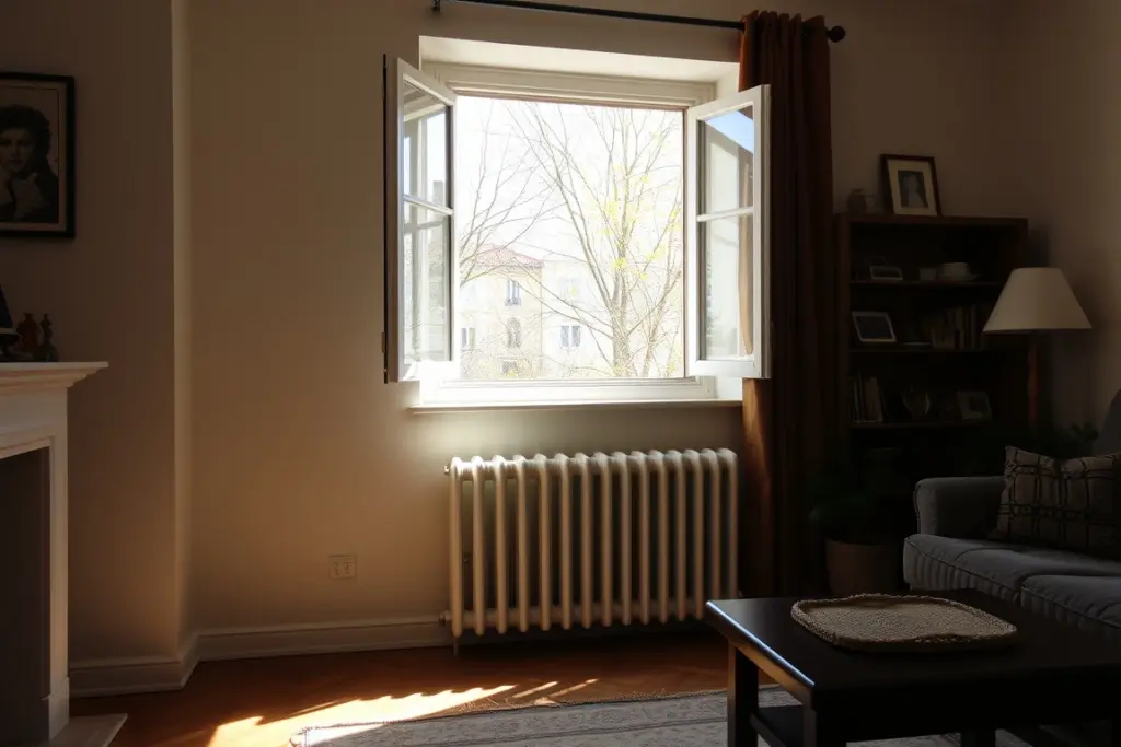 Ein vollständig geöffnetes Fenster zum richtigen Lüften im Winter des Wohnzimmers