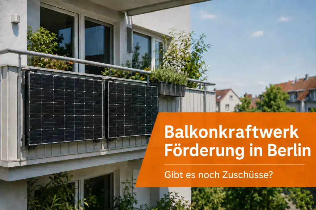 - Balkonkraftwerk auf einem Balkon mit Hinweis zur Balkonkraftwerk Förderung Berlin : Gibt es noch Zuschüsse?