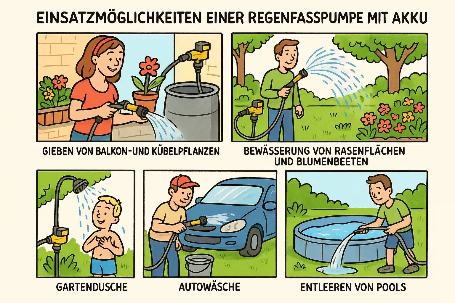 Visuelle Darstellung von Einsatzmöglichkeiten einer Regenfasspumpe mit Akku. Gezeigt wird das Gießen von Blumen oder Beete, eine Autowäsche, einer Gartendusche oder das entleeren eines Pools