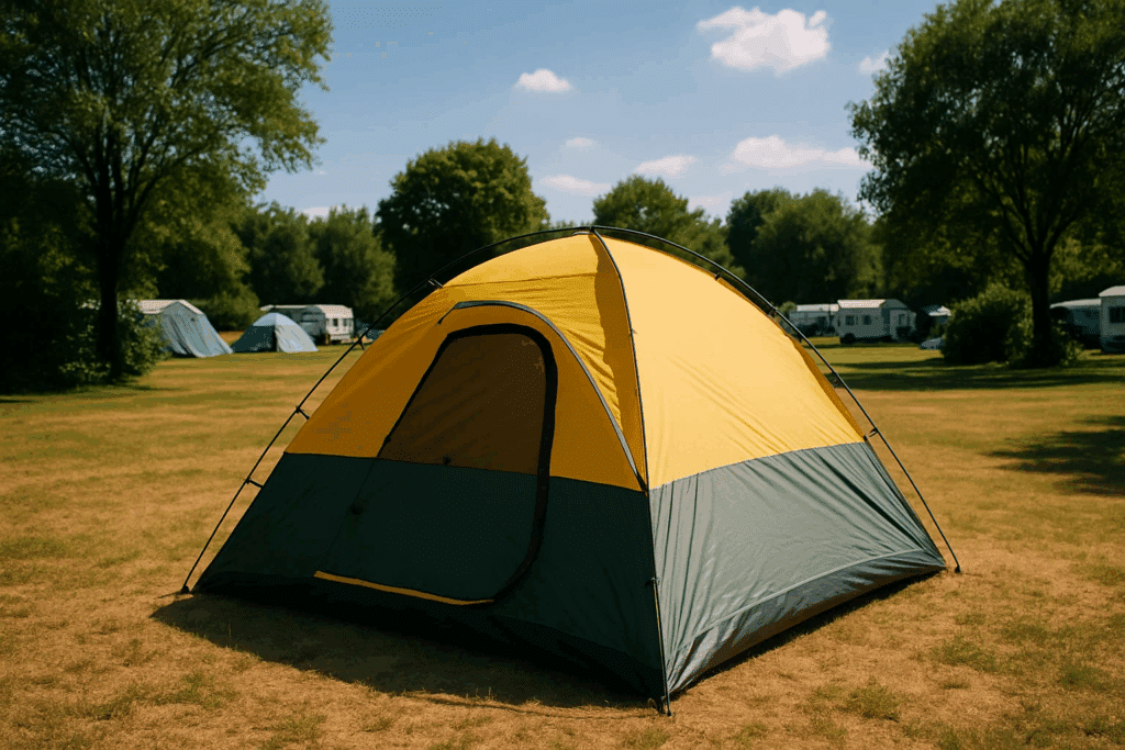 Ein Zelt steht auf einem Campingplatz in der prallen Sonne