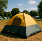 Ein Zelt steht auf einem Campingplatz in der prallen Sonne