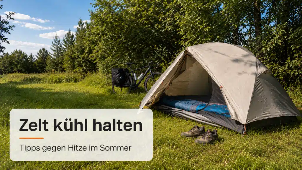 - Helles Campingzelt auf grünem Rasen im Sommer mit Schlafsack, Fahrrad und Tipps gegen Hitze im Zelt mit der Überschrift "Zelt kühl halten"