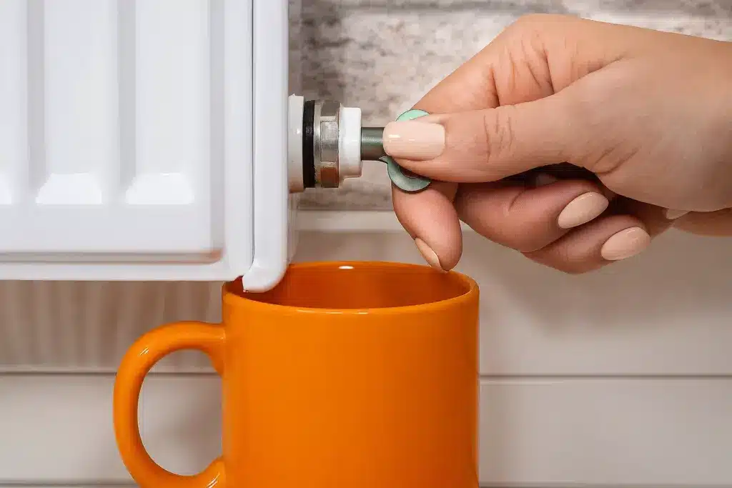 Ein Heizkörper wird entlüftet und eine Tasse steht unter dem Ventil um Tropfen auszufangen
