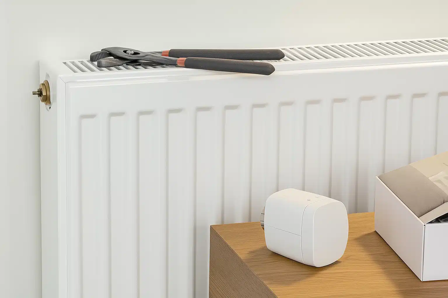 Ein Smart Thermostat wird an einem Heizkörper mit einer Zange montiert