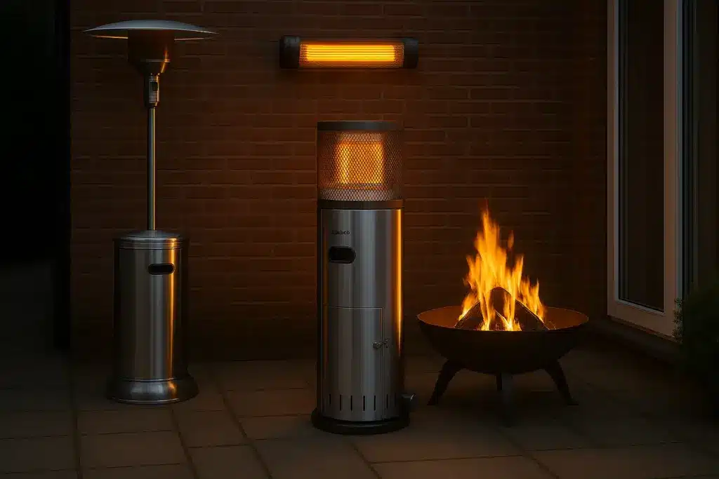 Ein Heizstrahler, ein Heizpilz, eine Feuerschale und ein Infrarot Heizstrahler stehen zum Vergleich auf einer Terrasse