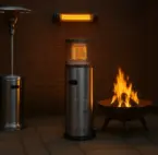Terrasse heizen Ein Heizstrahler, ein Heizpilz, eine Feuerschale und ein Infrarot Heizstrahler stehen zum Vergleich auf einer Terrasse