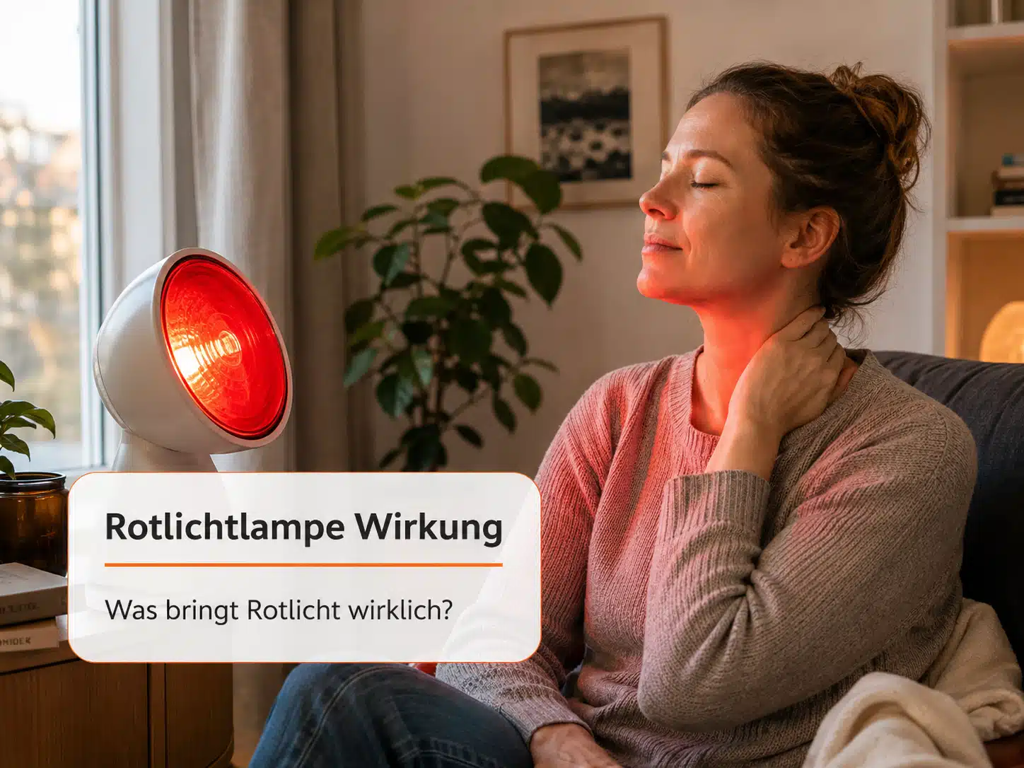 Person nutzt eine Rotlichtlampe zu Hause für Wärme im Gesicht, Nacken und Schulterbereich