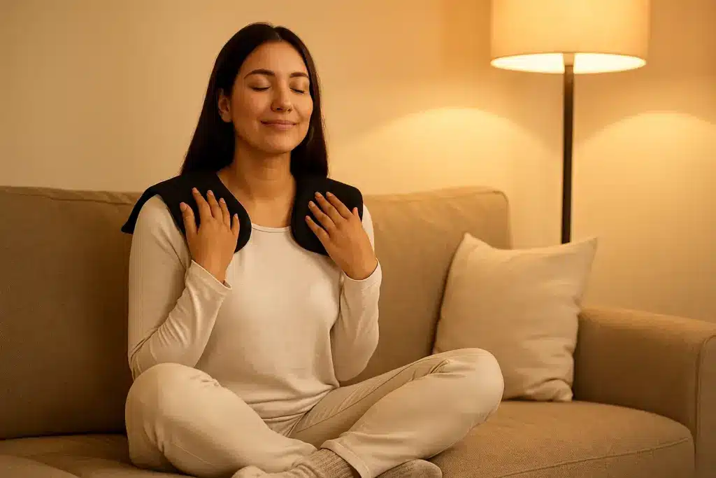 Eine Frau sitzt auf dem Sofa und hat ein Moorkissen im Nacken liegen