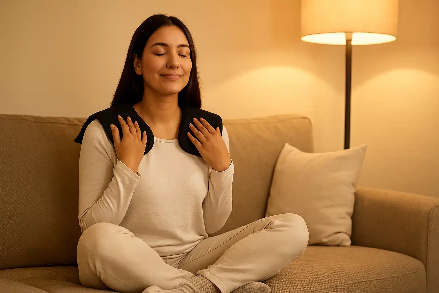 Eine Frau sitzt auf dem Sofa und hat ein Moorkissen im Nacken liegen
