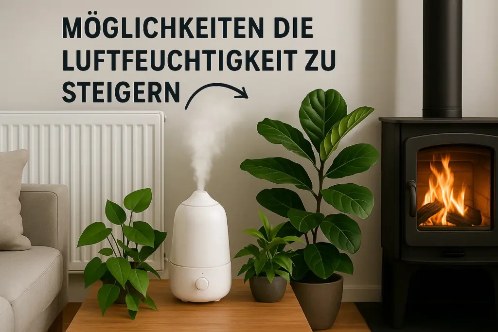 Ein Wohnzimmer mit einer Heizung und einem Kamin. Ein Luftbefeuchter und Pflanzen sorgen für besseres Raumklima
