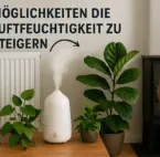 Luft in der Wohnung zu trocken? Ursachen und Abhilfe Ein Wohnzimmer mit einer Heizung und einem Kamin. Ein Luftbefeuchter und Pflanzen sorgen für besseres Raumklima
