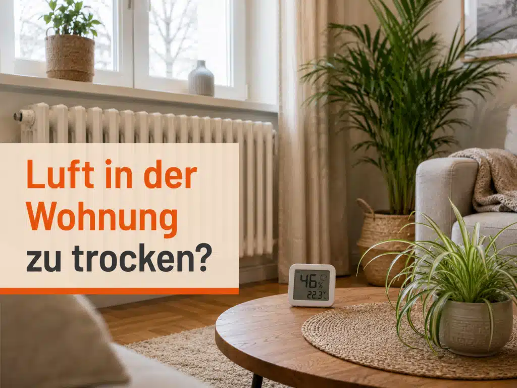 - Luft in der Wohnung zu trocken mit Heizkörper, Hygrometer und Zimmerpflanzen in einem gemütlichen Wohnraum