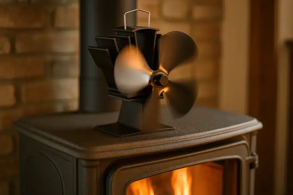 Nahaufnahme eines wärmebetriebenen Kaminventilators auf einem gusseisernen Kaminofen mit realistischer Feuerreflexion und warmem Licht.