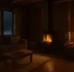 Kaminofen Wärme besser verteilen Darstellung eines Kaminofens in einem deutschen Wohnzimmer mit visualisierter Wärmeverteilung – warme Luft steigt auf, kalte Luft bewegt sich Richtung Kaminofen