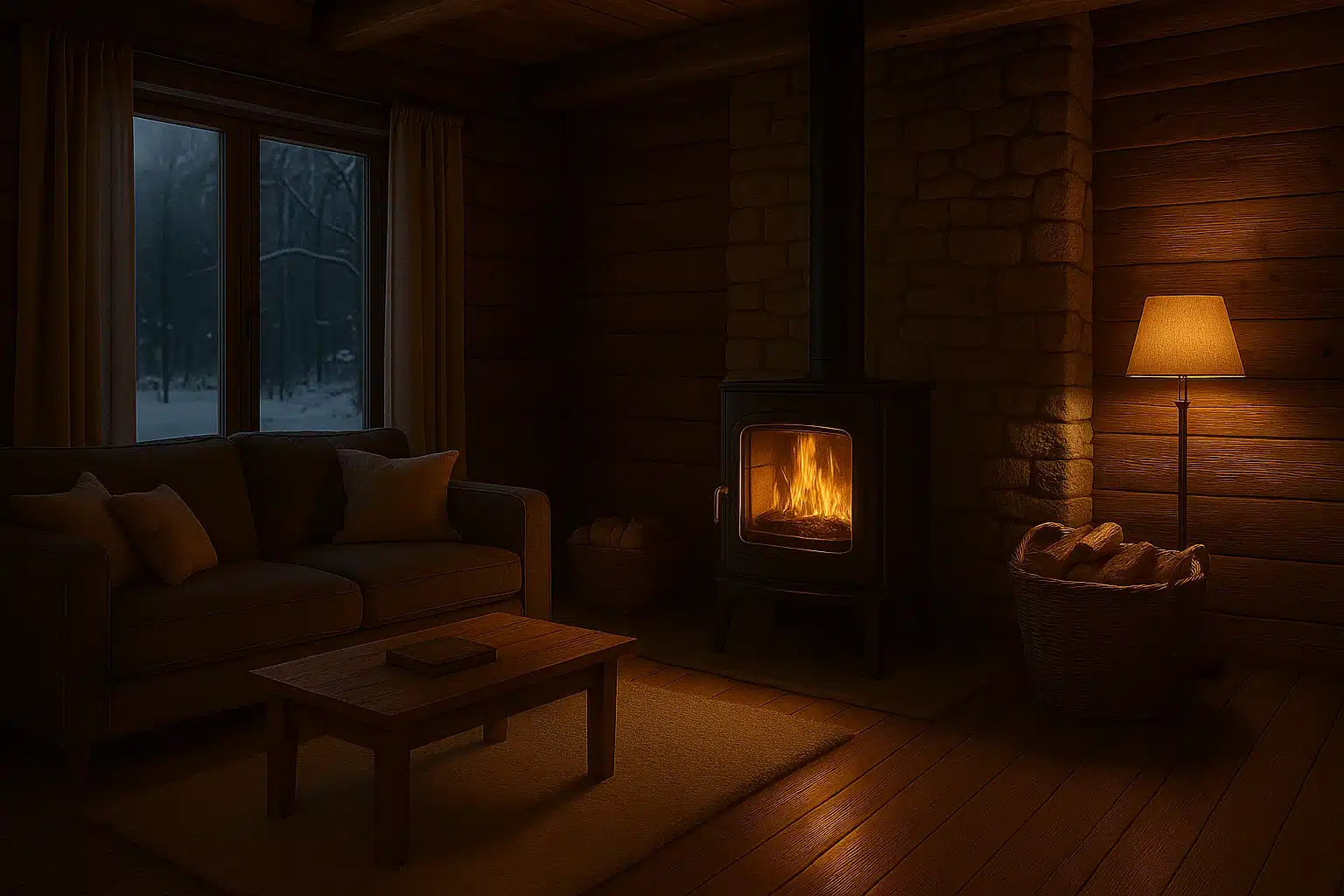 Darstellung eines Kaminofens in einem deutschen Wohnzimmer mit visualisierter Wärmeverteilung – warme Luft steigt auf, kalte Luft bewegt sich Richtung Kaminofen