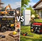 Stromgenerator Diesel oder Benzin? Vergleich zwischen Diesel-Generator auf einer Baustelle, robust und leistungsstark für Bauarbeiten und Hausbau, und Benzin-Generator vor einem Einfamilienhaus im Garten, mobil und ideal für Notstromversorgung, Camping oder kleine Einsätze.