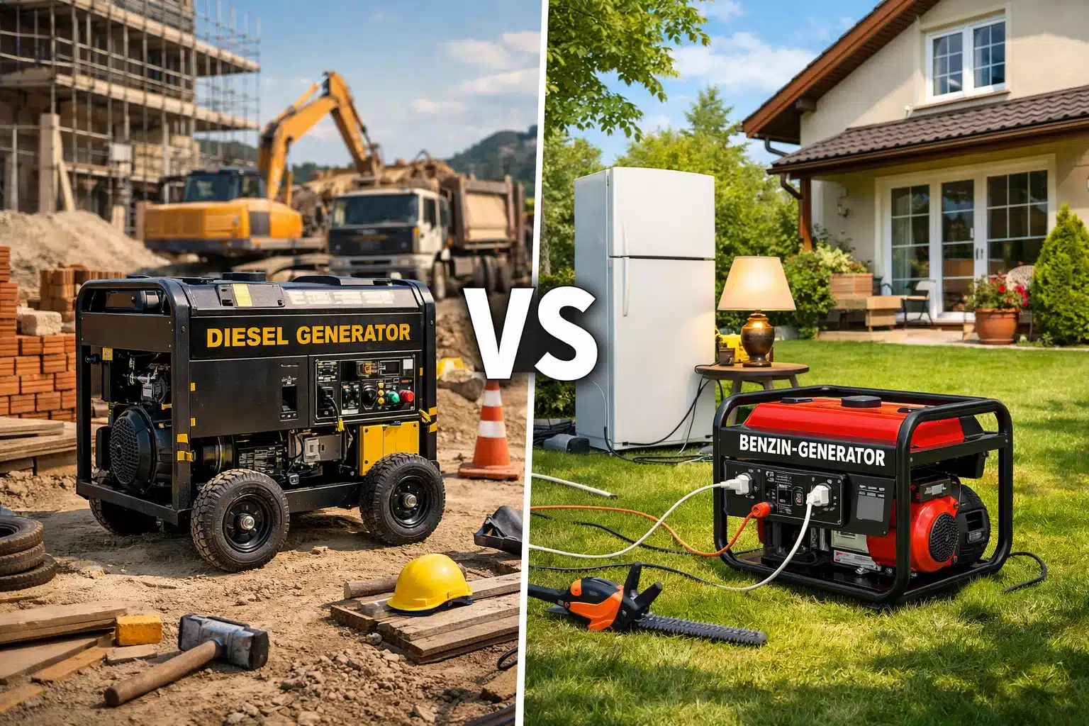 Vergleich zwischen Diesel-Generator auf einer Baustelle, robust und leistungsstark für Bauarbeiten und Hausbau, und Benzin-Generator vor einem Einfamilienhaus im Garten, mobil und ideal für Notstromversorgung, Camping oder kleine Einsätze.