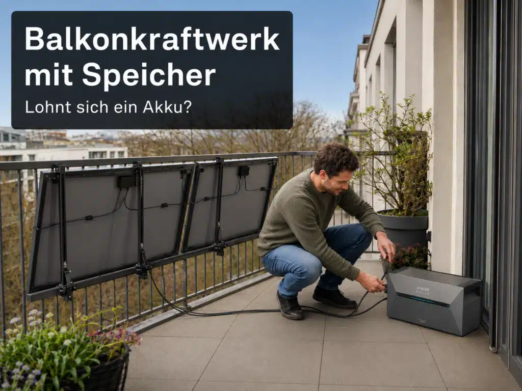 - Balkonkraftwerk mit Speicher auf einem Balkon mit Solarmodulen, Akku und Verkabelung.