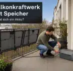 Balkonkraftwerk mit Speicher Balkonkraftwerk mit Speicher auf einem Balkon mit Solarmodulen, Akku und Verkabelung.