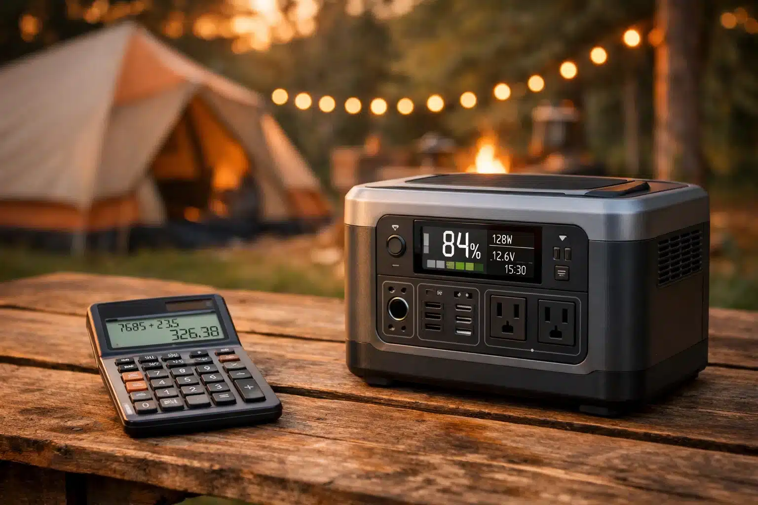 Powerstation mit Taschenrechner beim Camping als Symbol für die Berechnung von Kapazität und Leistung