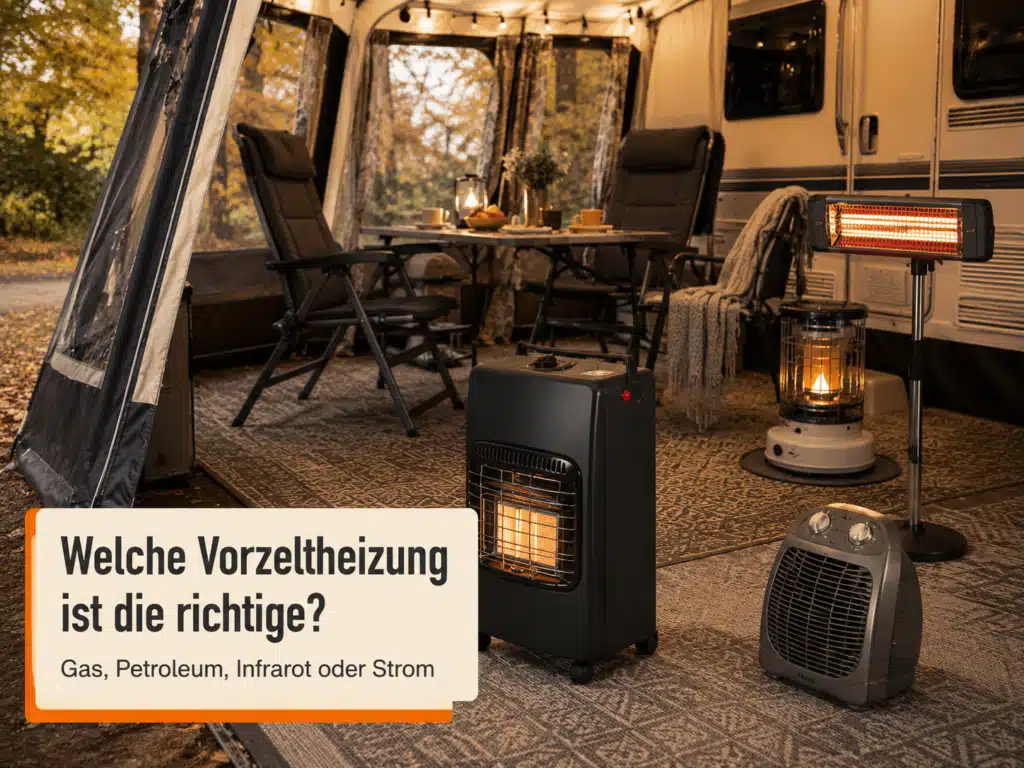 Camping-Vorzelt mit Gasheizer, Infrarotstrahler, Heizlüfter und Petroleumofen als Vergleich verschiedener Vorzeltheizungen