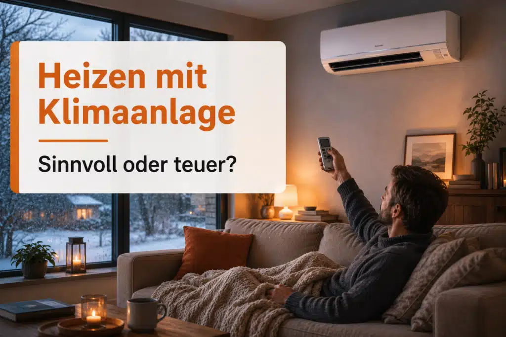 - Person heizt mit einer Split-Klimaanlage in einem gemütlichen Wohnzimmer im Winter.