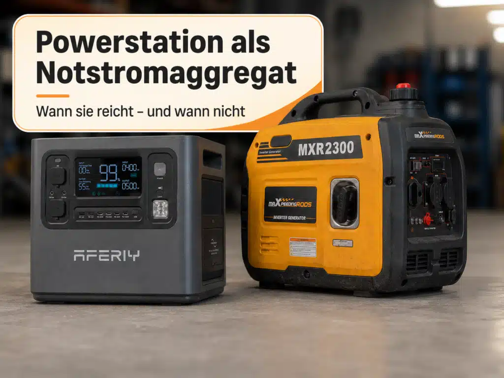 - Powerstation als Notstromaggregat im Vergleich zu einem Benzin-Notstromaggregat in einer Werkstatt