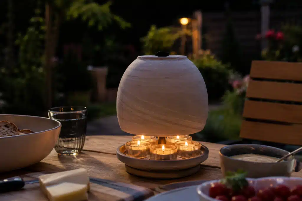 - Teelichtofen Test: Keramik-Teelichtofen auf einem Gartentisch bei Dämmerung im Praxiseinsatz