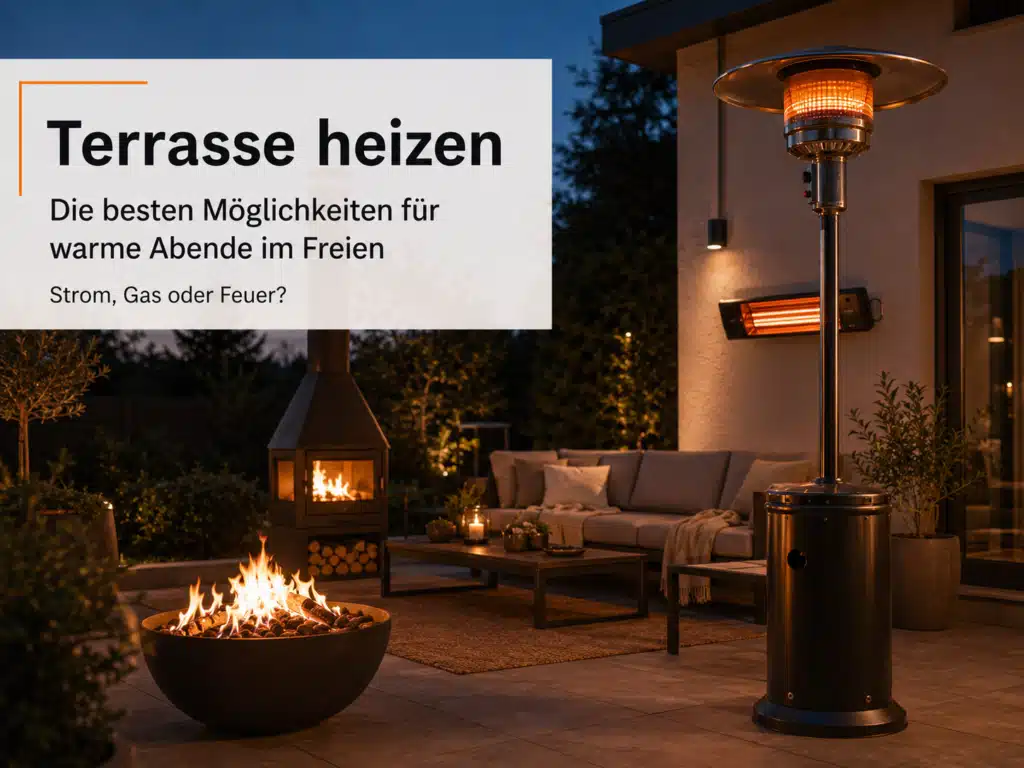 - Terrasse heizen mit verschiedenen Heizlösungen: Feuerschale, Gasheizpilz, Terrassenofen und Infrarot-Heizstrahler im Vergleich