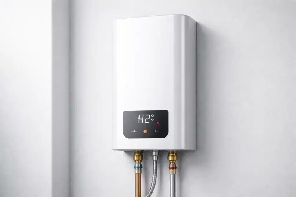 - Ein moderner elektronischer Durchlauferhitzer, der exemplarisch für die Stromkosten und den Energieverbrauch bei der Warmwasserbereitung in Mietwohnungen und Haushalten steht. Das Bild verdeutlicht, wie wichtig die richtige Geräteleistung und Temperatureinstellung für niedrige Durchlauferhitzer Stromkosten ist.