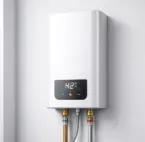 Durchlauferhitzer Stromkosten Ein moderner elektronischer Durchlauferhitzer, der exemplarisch für die Stromkosten und den Energieverbrauch bei der Warmwasserbereitung in Mietwohnungen und Haushalten steht. Das Bild verdeutlicht, wie wichtig die richtige Geräteleistung und Temperatureinstellung für niedrige Durchlauferhitzer Stromkosten ist.