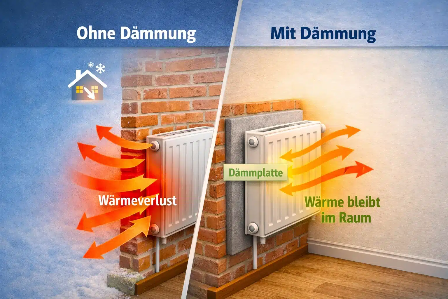 Dämmung hinter Heizungen anbringen „Vergleich eines Heizkörpers ohne Dämmung"