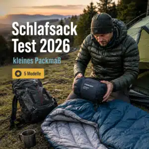Wanderer prüft vor einem Zelt einen kompakten Schlafsack. Das Bild zeigt einen Schlafsack-Test 2026 für leichte Modelle mit kleinem Packmaß.
