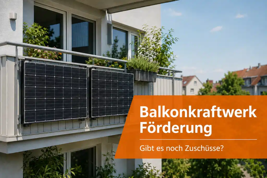 - Balkonkraftwerk Förderung mit Solarmodulen am Balkon und Hinweis auf mögliche Zuschüsse.