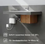 Durchlauferhitzer 230V Mini-Durchlauferhitzer mit 230V unter einem Waschbecken im Bad mit Overlay „Durchlauferhitzer 230V Test“.