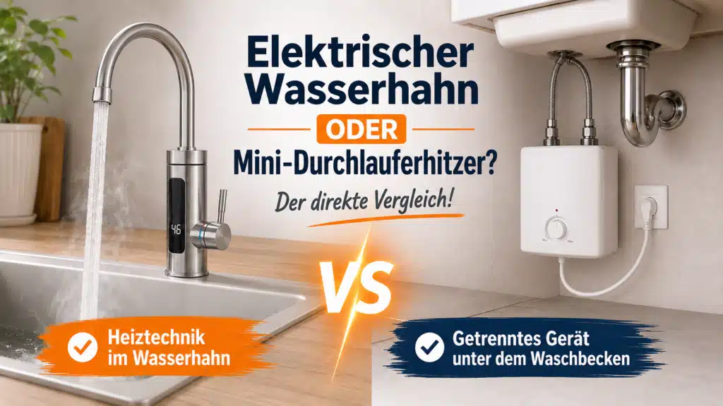 - Vergleich zwischen elektrischem Wasserhahn mit integrierter Heiztechnik und Mini-Durchlauferhitzer unter dem Waschbecken.