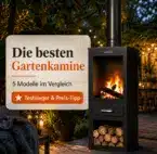 Gartenkamin Gemütliche Gartenszene am Abend mit schwarzem Gartenkamin beziehungsweise Terrassenofen und Overlay „Die besten Gartenkamine – 5 Modelle im Vergleich – Testsieger & Preis-Tipp“.