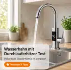 Wasserhahn mit Durchlauferhitzer Wasserhahn mit Durchlauferhitzer an einer Küchenspüle mit Overlay „Wasserhahn mit Durchlauferhitzer Test“.