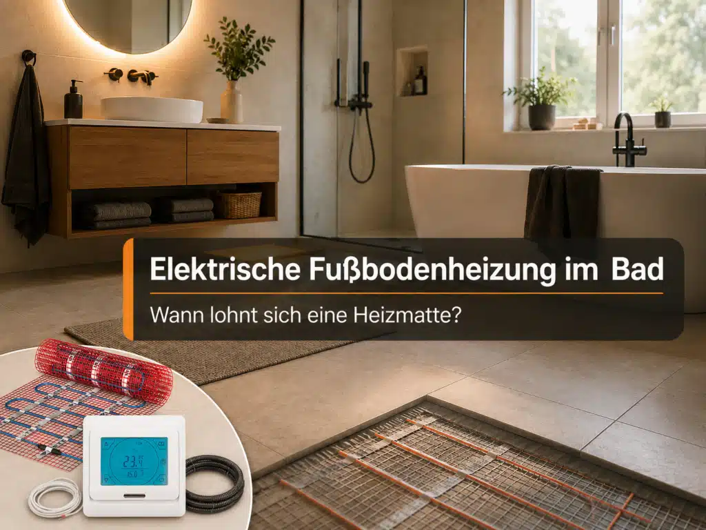 - Elektrische Fußbodenheizung im Bad mit Heizmatte unter Fliesen und Thermostat als Komfortheizung