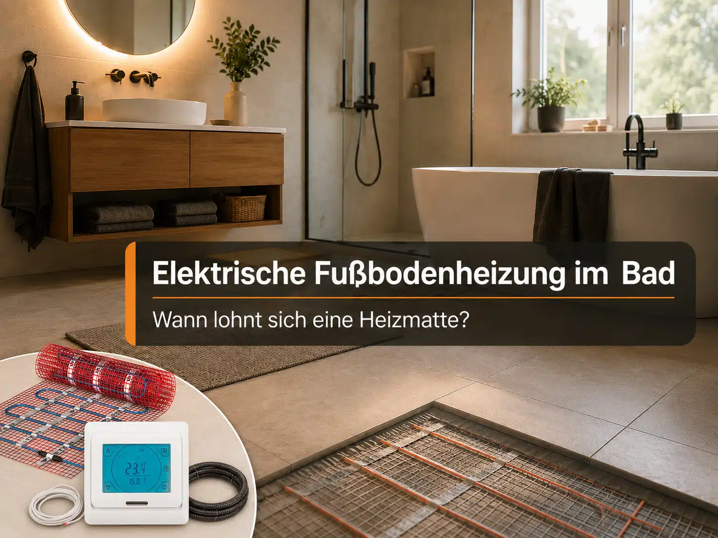Elektrische Fußbodenheizung im Bad mit Heizmatte unter Fliesen und Thermostat