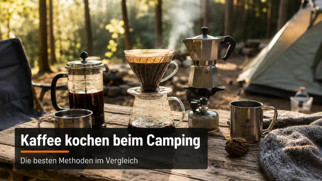 - Kaffee kochen beim Camping: French Press, Handfilter und Espressokocher auf einem Campingtisch im Wald