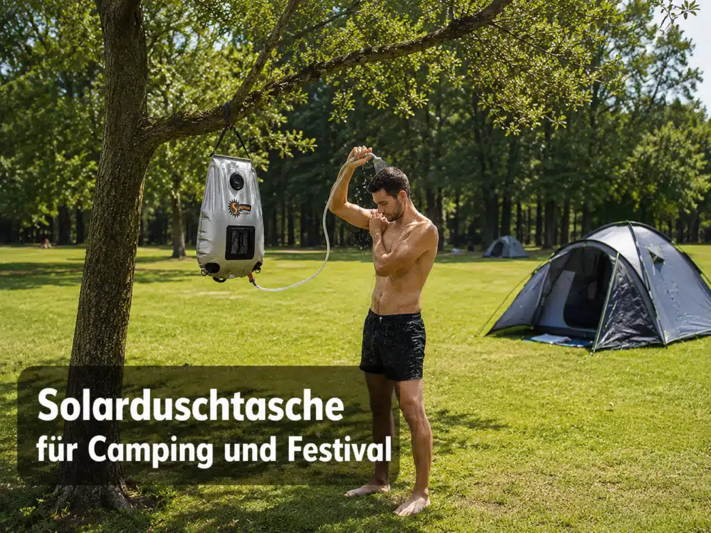 - Mann duscht auf einem Rasen-Campingplatz unter einer Solarduschtasche, die an einem Baum hängt, im Hintergrund stehen zwei Zelte.