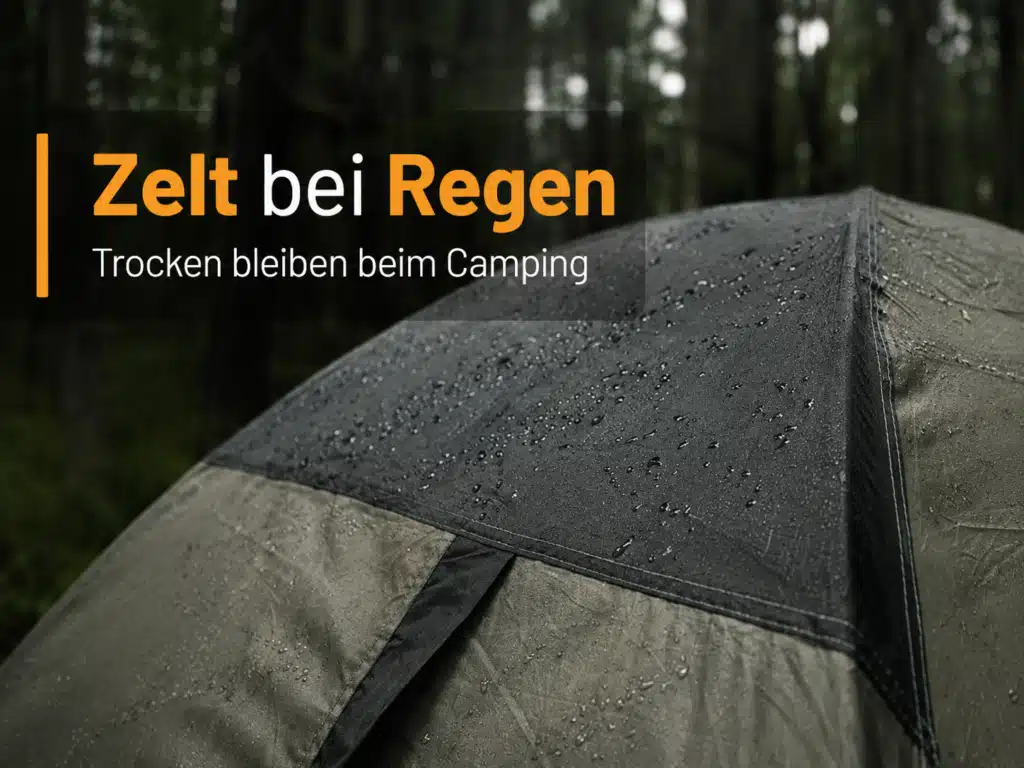 - Zelten bei Regen: Zelt bei Regen mit Wassertropfen auf dem Zeltdach im Wald