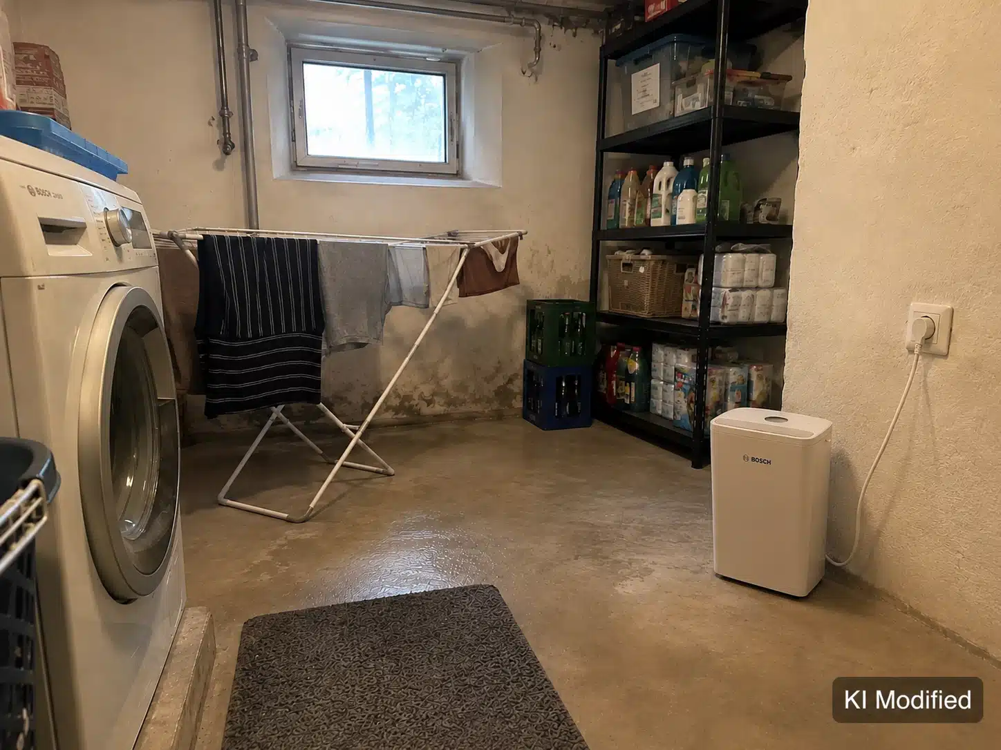Elektrischer Luftentfeuchter für Keller in einem Waschkeller mit Waschmaschine und Wäscheständer