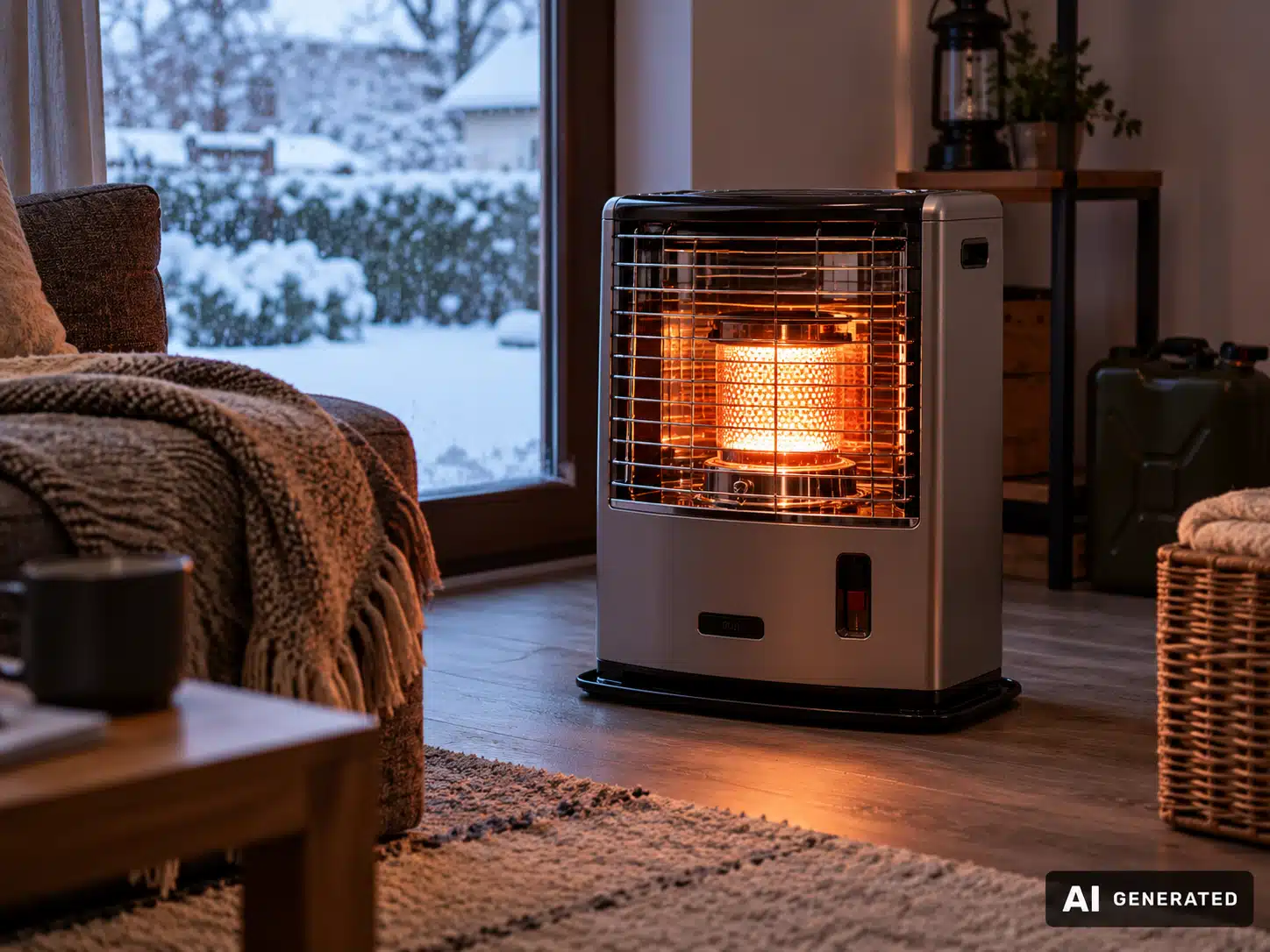 Heizen ohne Strom mit einer Notheizung im Innenraum, Petroleumofen im winterlichen Wohnraum