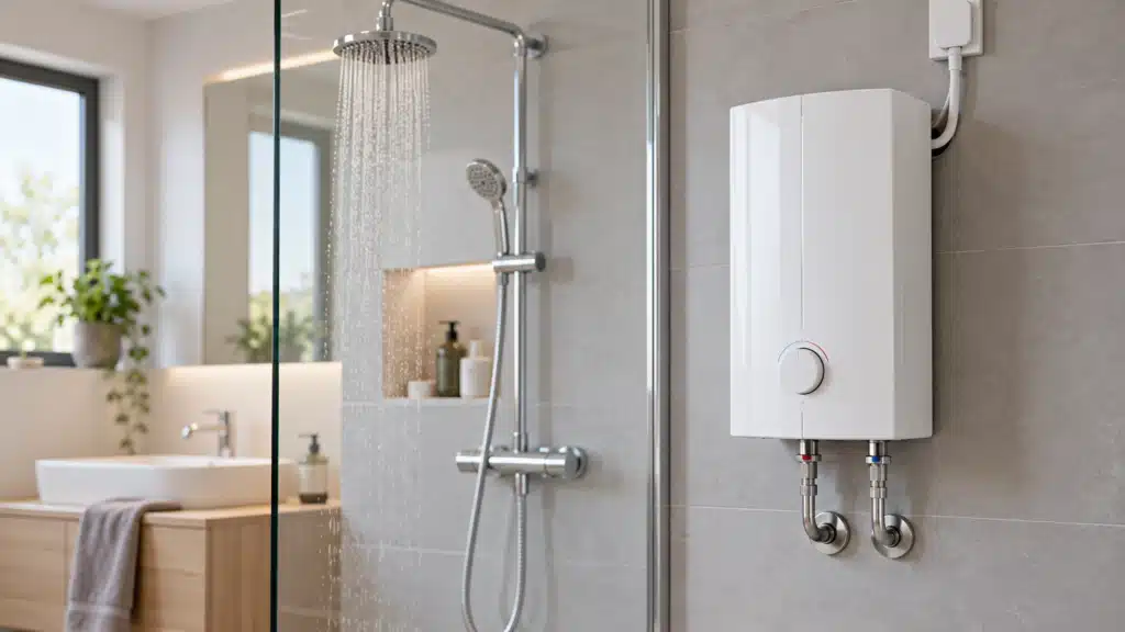 - Elektrischer Durchlauferhitzer mit zwei Wasseranschlüssen an der Wand eines modernen Badezimmers neben einer Dusche.
